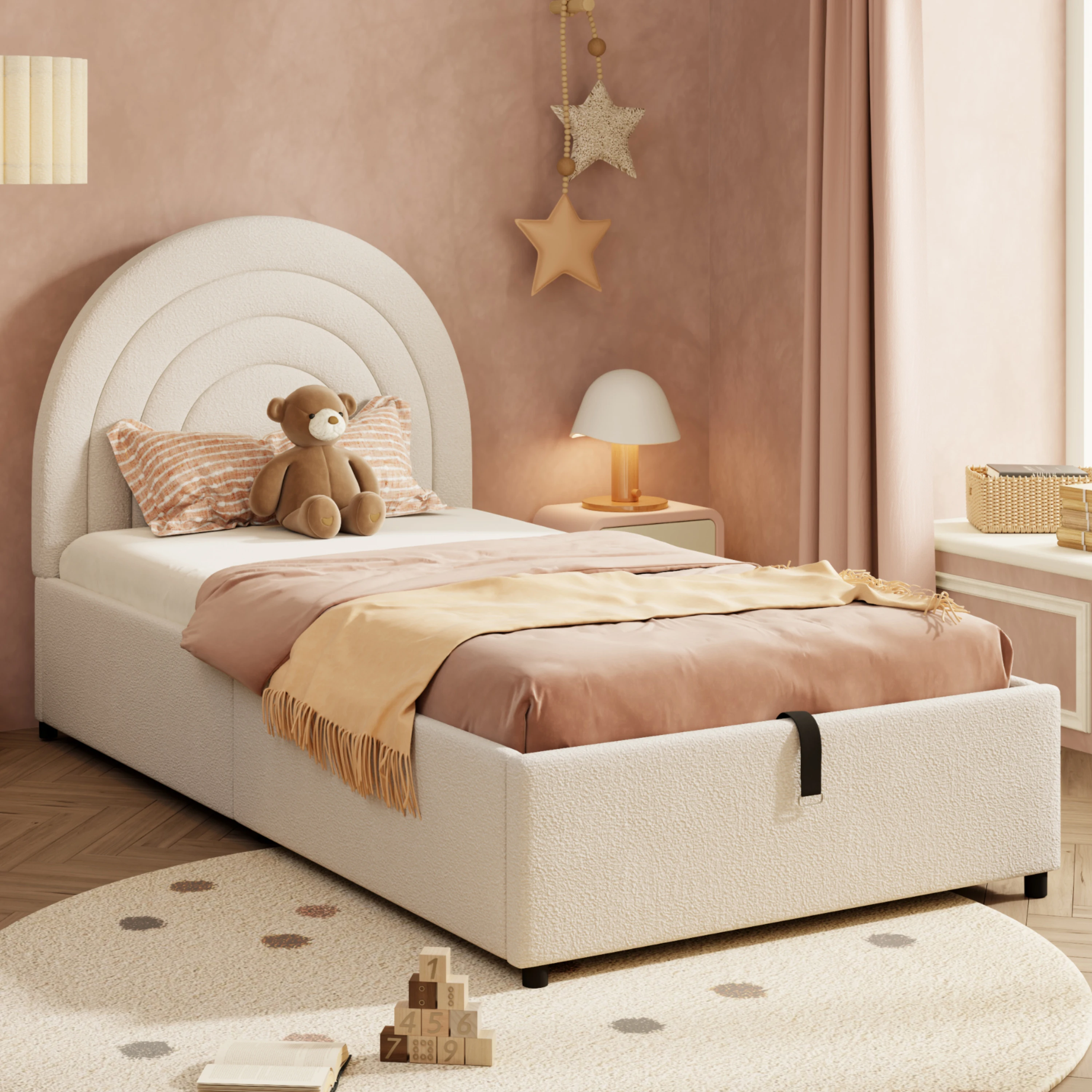 Polsterbett 90*200, Kinderbett, Einzelbett mit Lattenrost und Kopfteil, für Erwachsene und Jugendliche, Holzlatten, Baumwolle