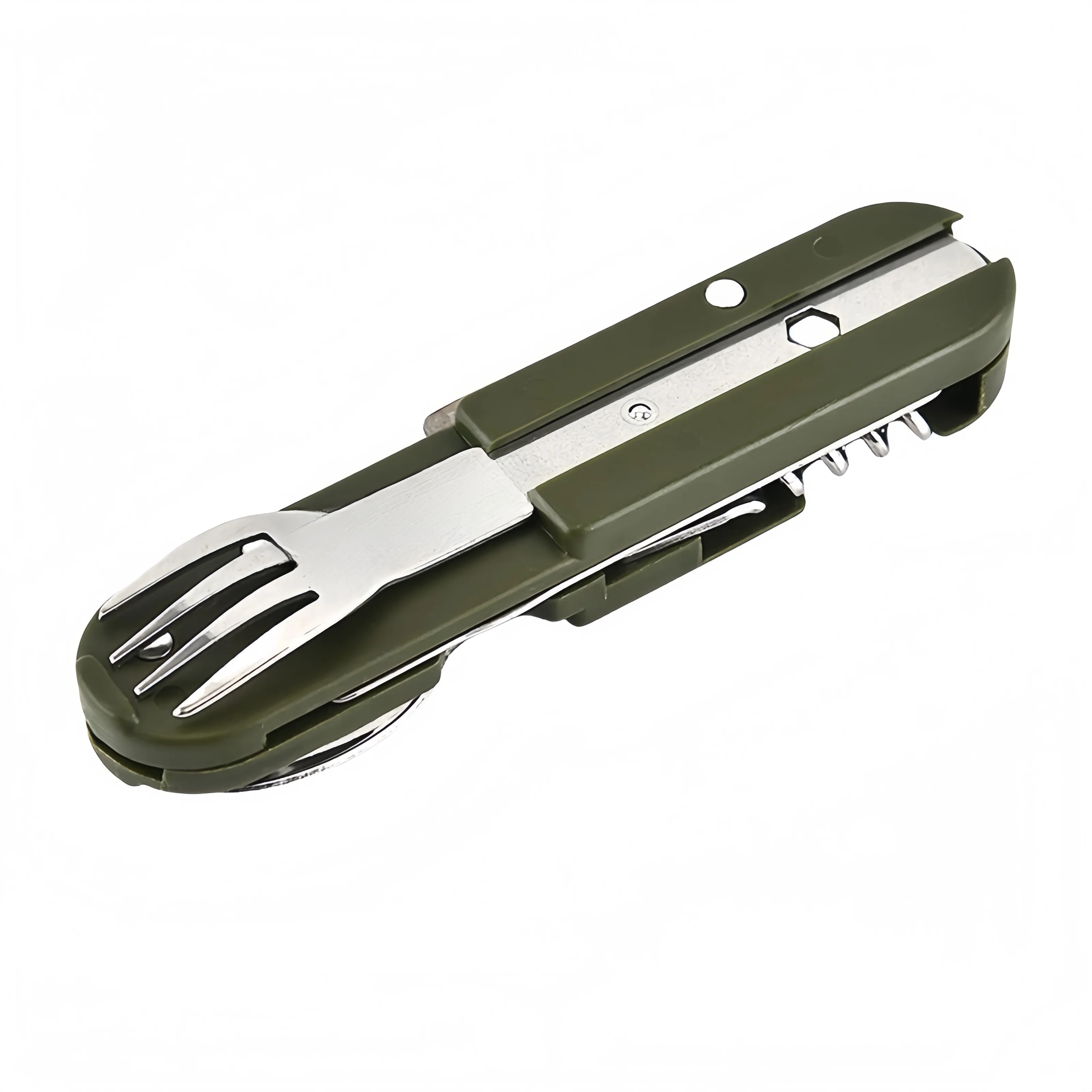 Outdoor 7-in-1 kampeeruitrusting Draagbare roestvrijstalen lepel, vork, mes, flesopener combinatieset Multifunctioneel EDC-gereedschap