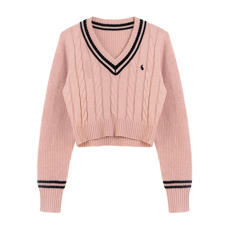 Yuoomuoo koreanische Mode Pullover Frauen Herbst V-Ausschnitt y2k Cartoon Stickerei Strick oberteile Winter weiche Basic Langarm Pullover