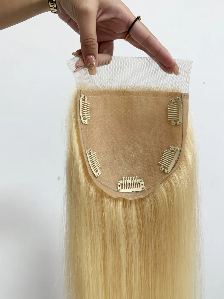 Cierre de encaje superior de seda # Cierre de encaje de cabello humano con Base de piel de silicona rubia 613 con Clip de pelo de bebé en extensiones de cabello Remy Topper