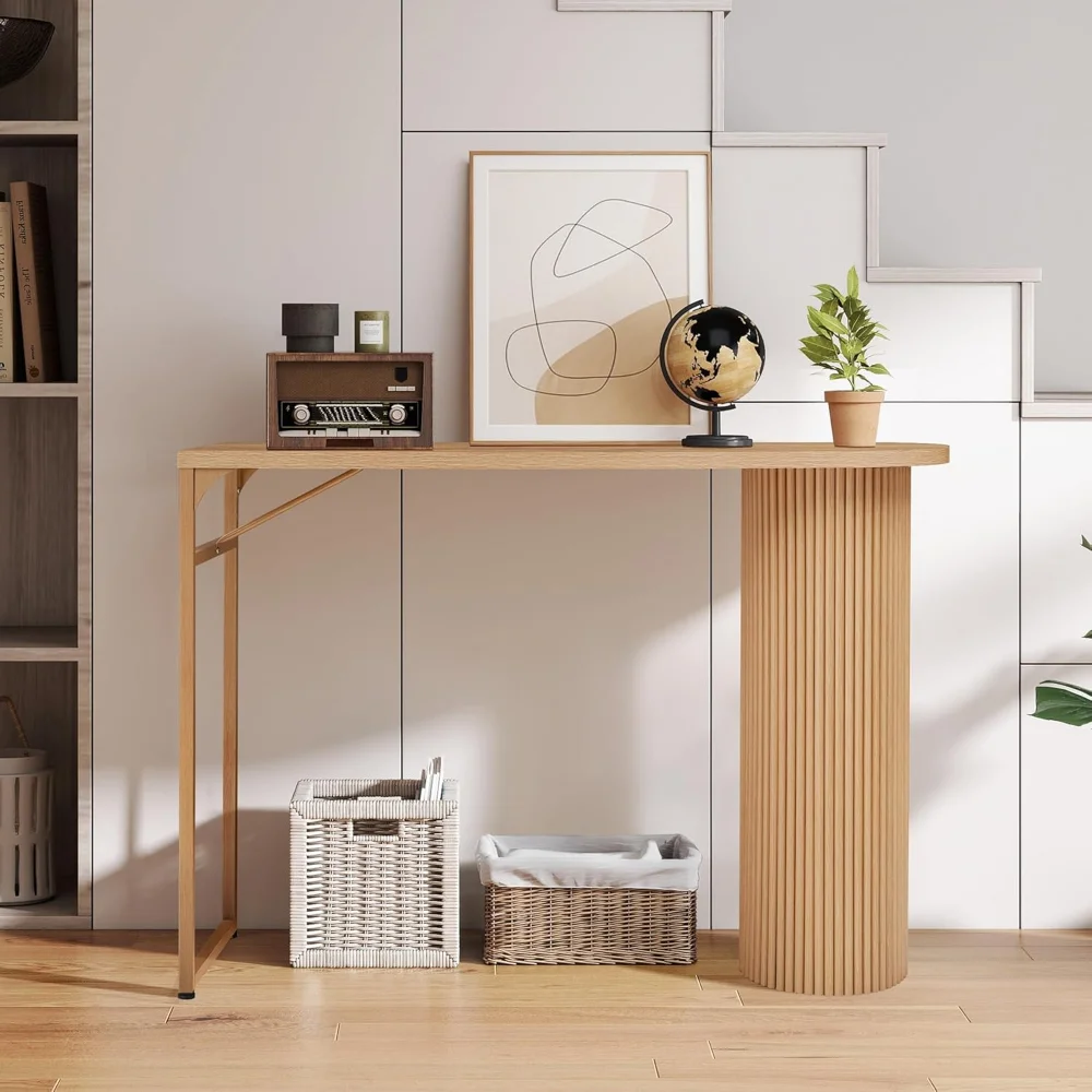 55" Long Bar Table, Fluted Wood Counter Height Pub Table, High Top Kitchen Breakfast Bar Tables with Sturdy Metal Frame
