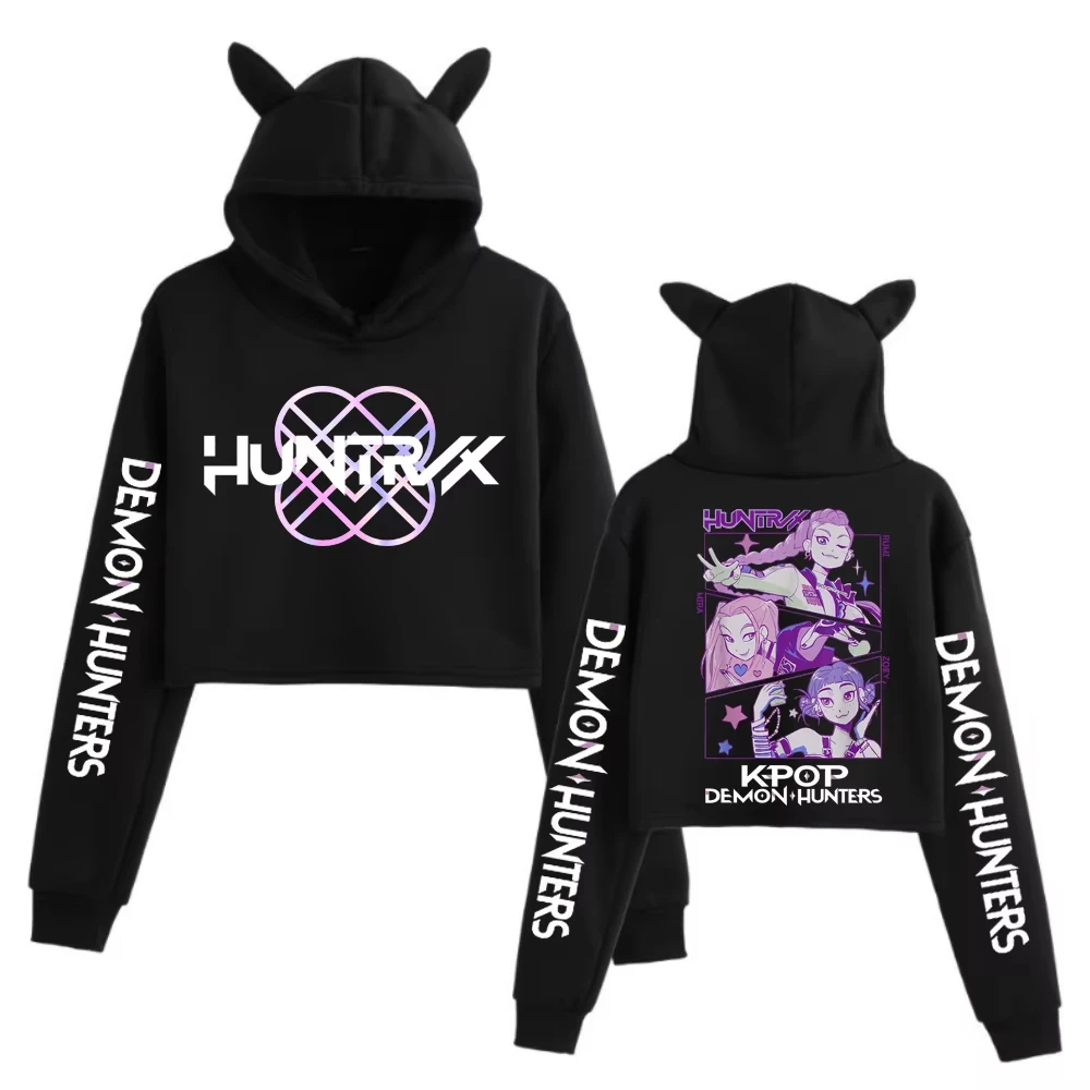 Kpop Demon Hunters Crop Tops Orelhas de Gato Moletom Manga Longa Meninas Mulheres Moda Hoodies