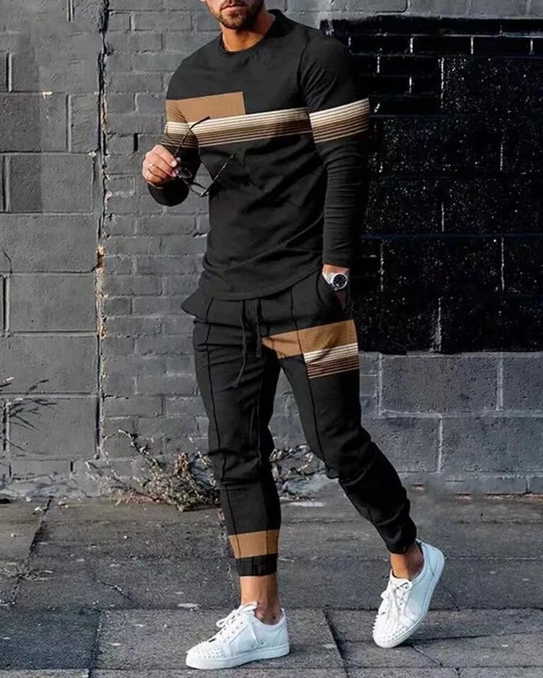 Jesień Męskie dresy 2-częściowe zestawy Trend O-neck Koszulka z długim rękawem Spodnie Oversize Luźne ubrania Sportowy styl Odzież męska