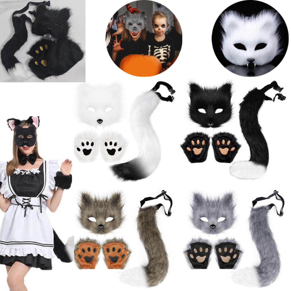 Flauschige Fellschwanzmaske Handschuhe Katzenpfoten Handschuhe und Wolf Therian Maske Set für Halloween Cosplay Kostüm Zubehör Therian Maske Set
