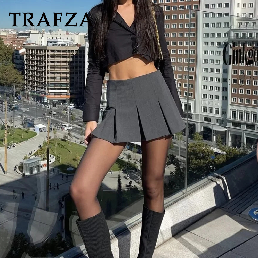 TRAFZA 2025 Spring Summer Women Casual Tierred Mini Skirts Fashion Vintage Solid High Wasit Ruffles Pleated Sexy Shorts Skirts