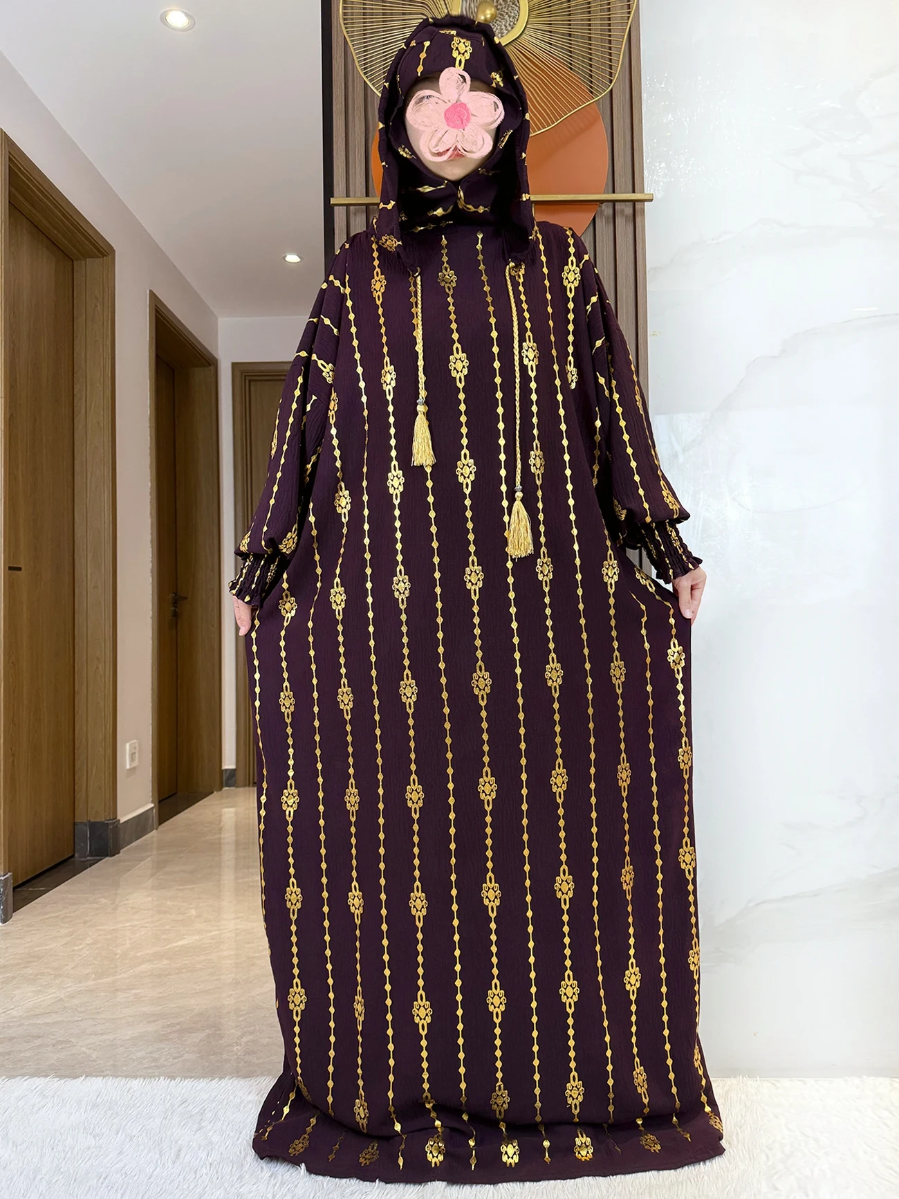 女性のための純綿の2つの帽子のアバヤ,ラマダンの服,イスラム教の祈り,カフタン,ドバイ,トルコ,金のスタンプ,イスラム教徒の服