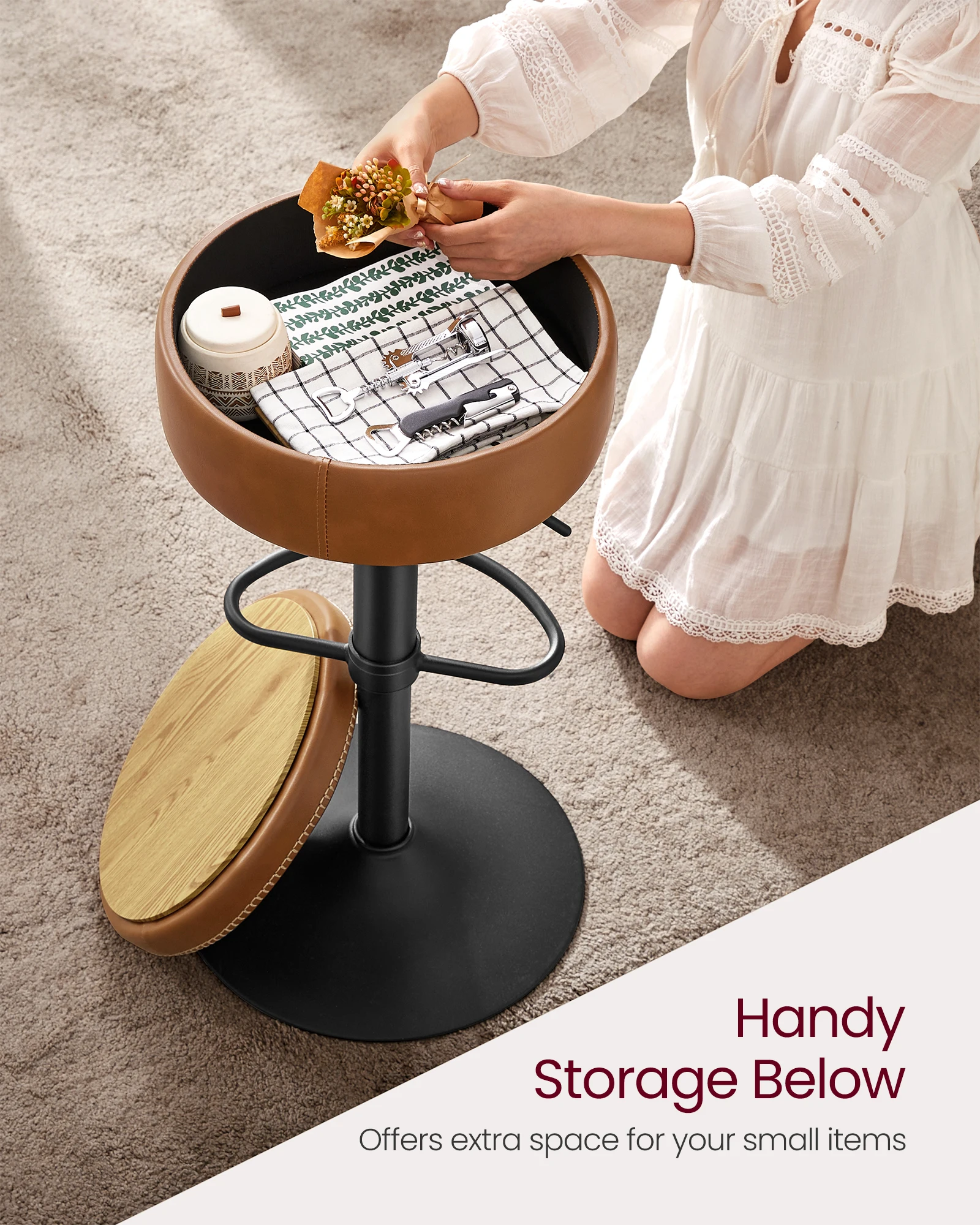 VASAGLE EKHO Collection - 360  Swivel Bar Stool, Height Adjustable Barstool with Storage, Synthetic Leather with Stitching