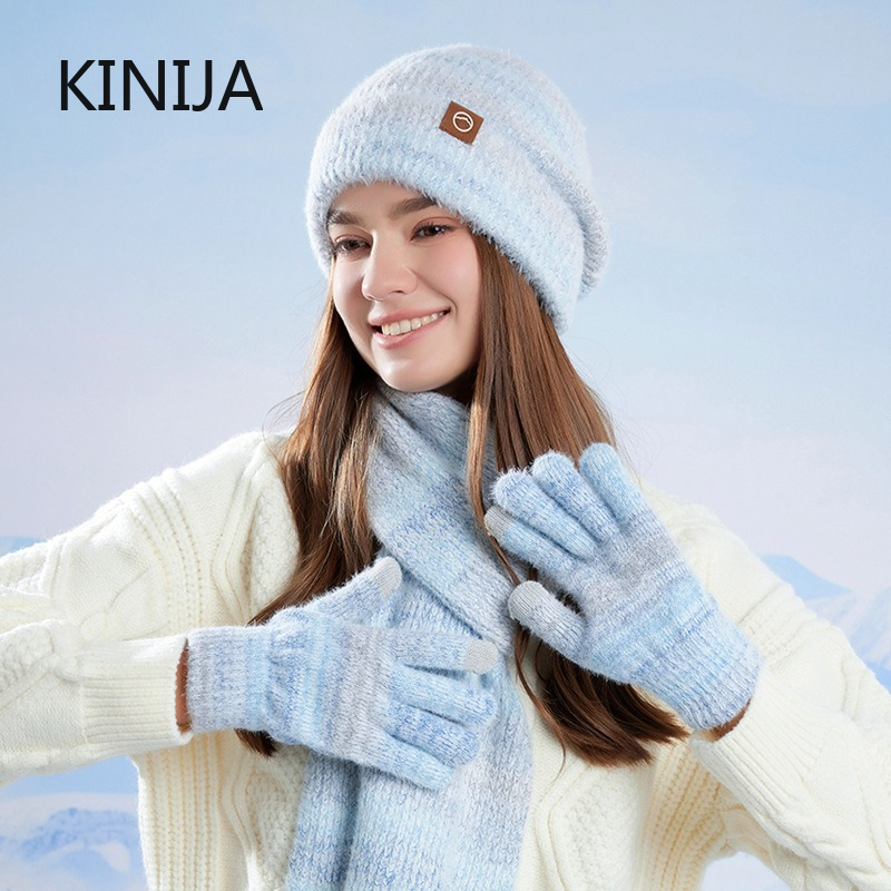 Winter Cap Gloves Scarf Set Women GradientColor Knitted Hat Thickened Fleece Lining Skullcap Outdoor Cycling Windproof Beanies