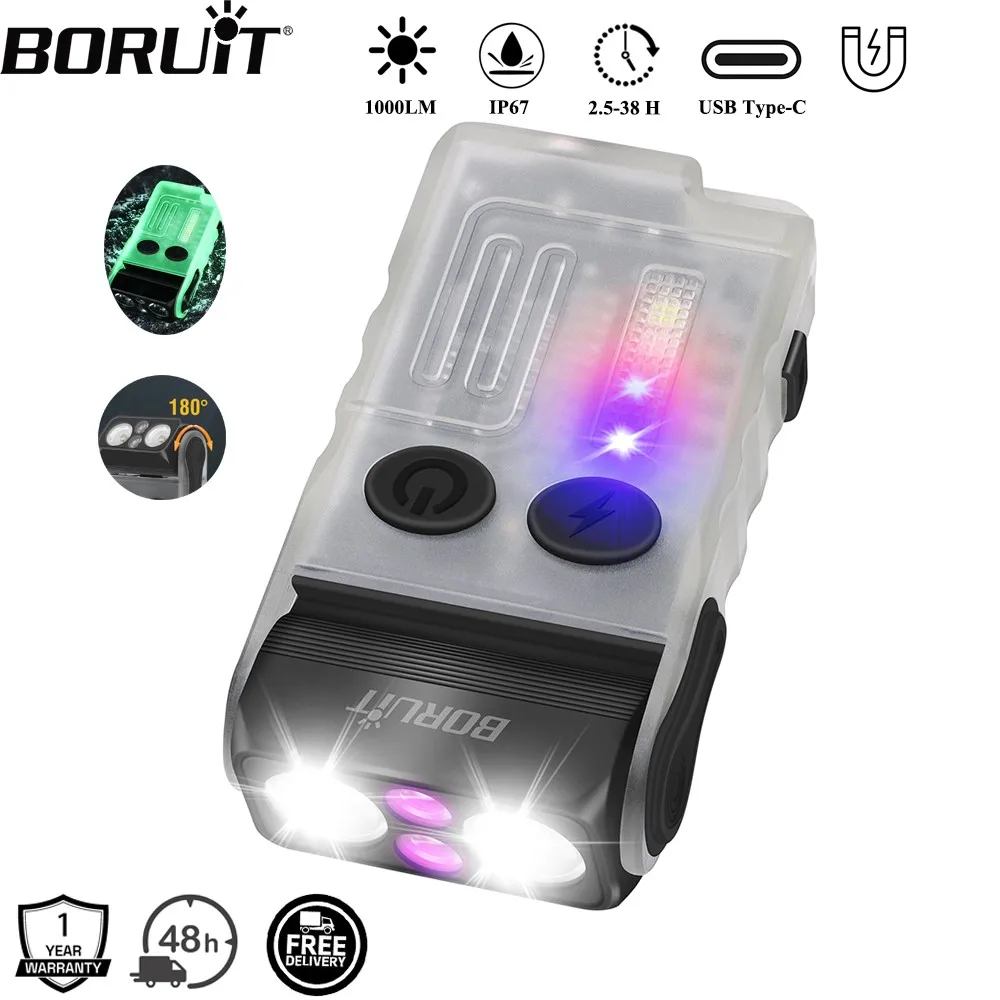 BORUiT V20-1 llavero EDC LED UV linterna tipo C linterna recargable zumbador luz de trabajo con Clip imán Camping linterna de bolsillo