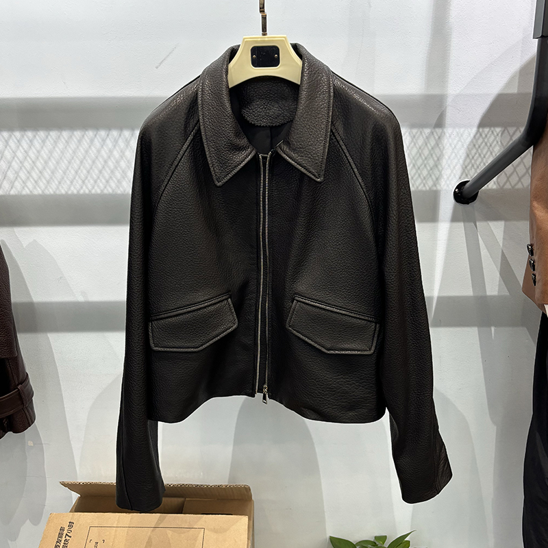 2025 Lente damesjas van zwart echt leer van echt schapenvacht