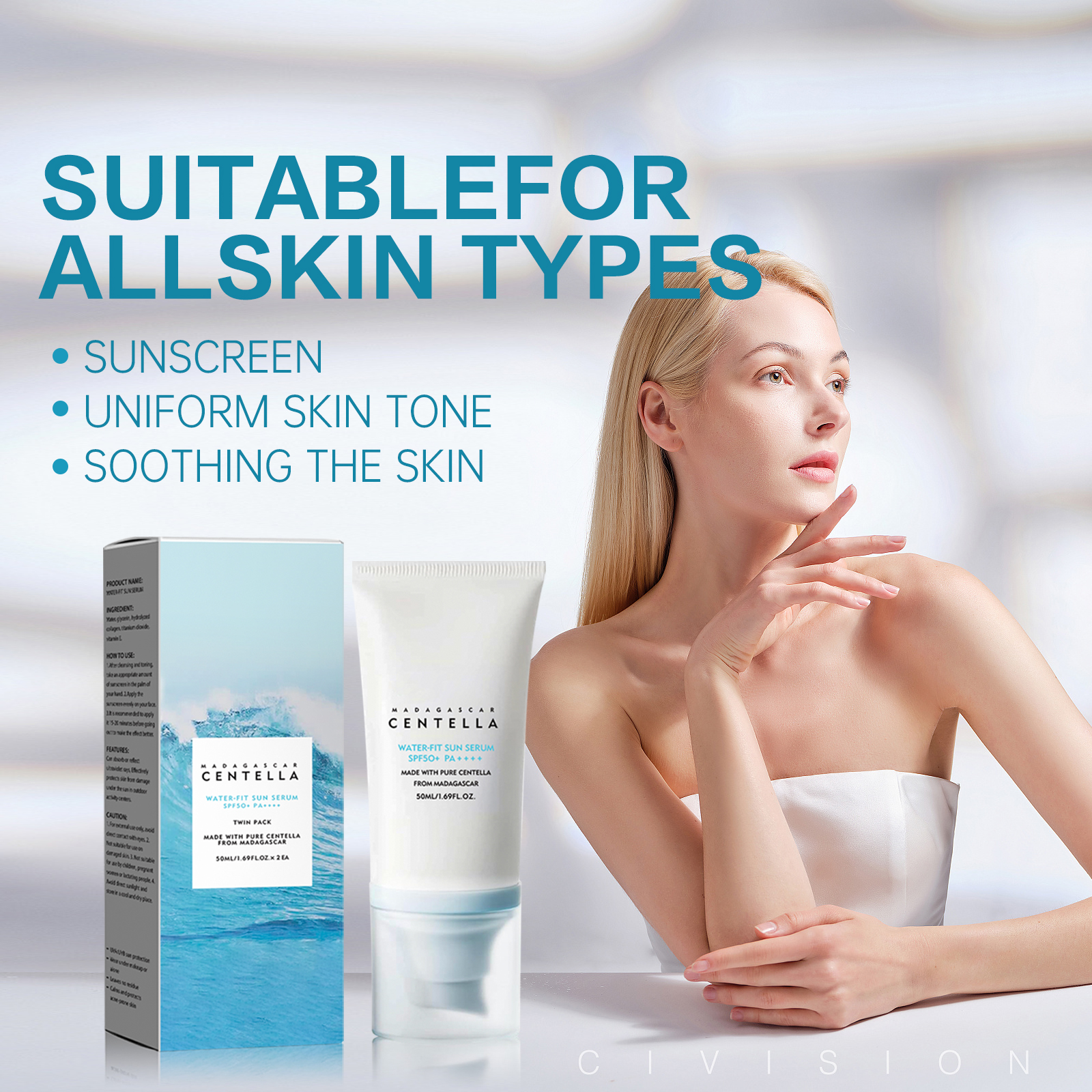 Summer SPF50+Korean Snow Grass Facial and Body Sunscreen, Moisturizing, Refreshing, Brightening Skin Suitable for Sensitive Skin