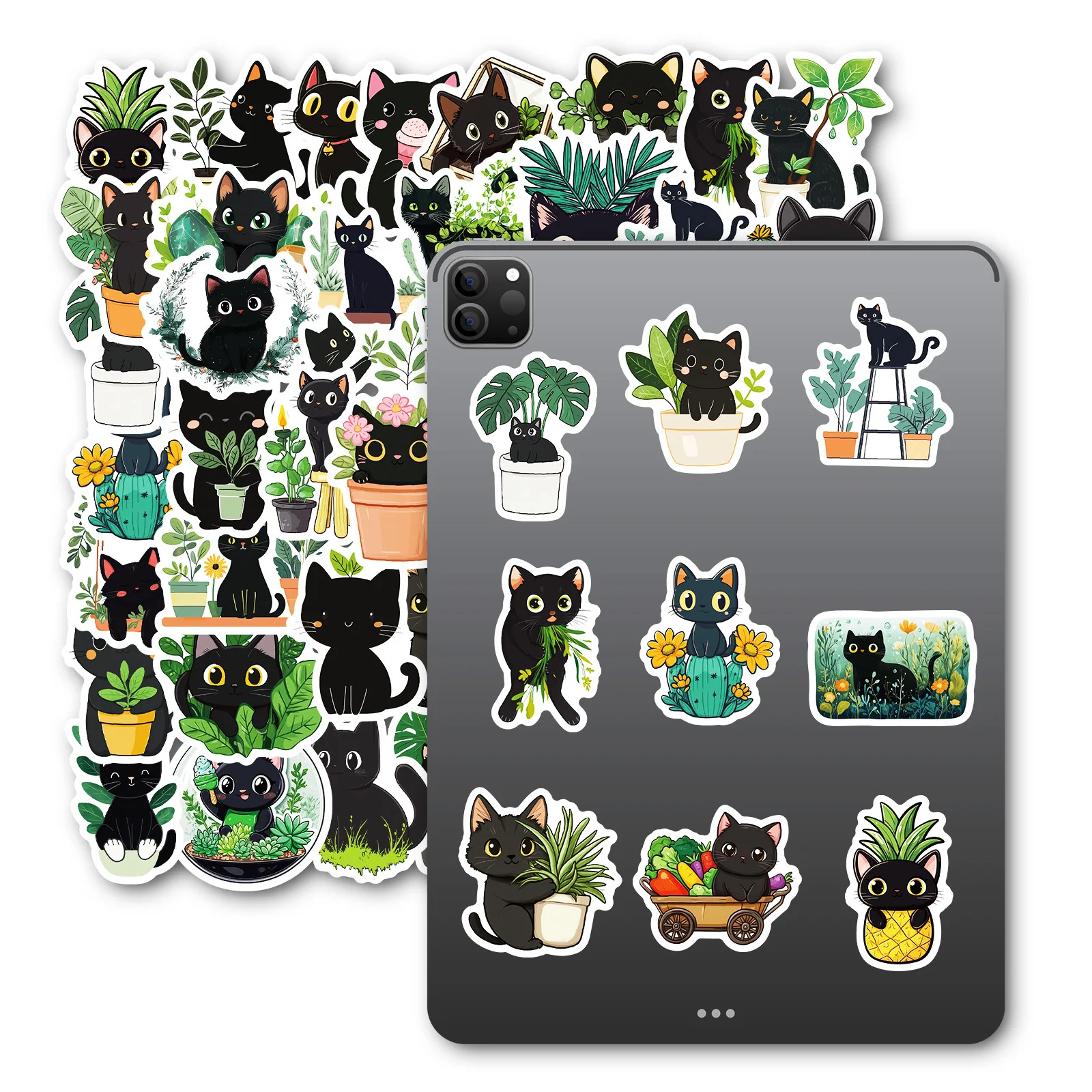 50Pcs 손으로 그린 ​​식물 검은 고양이 낙서 장식 스티커 만화 물 컵 기타 컴퓨터 스케이트 보드 스티커