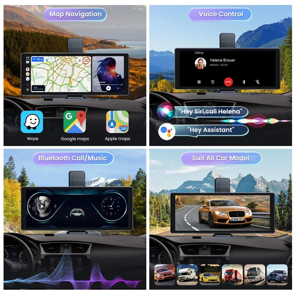 Aprilboy C4 4K 360 °   Cámara de salpicadero de rotación con pantalla inteligente de 10,26 "para coche, CarPlay inalámbrico y Android Auto AUX FM Bluetooth WIFI