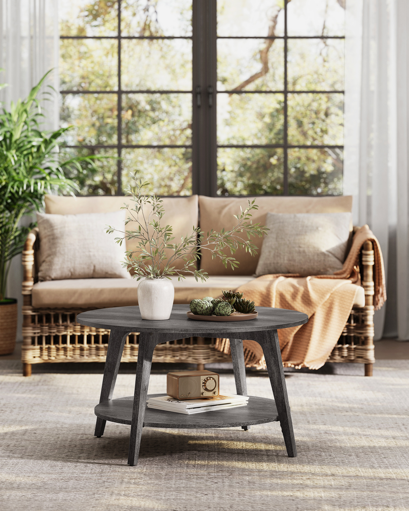 VASAGLE Couchtisch, Wohnzimmertisch 2 Ebenen, ∅80 x 45 cm, einfach zu montieren