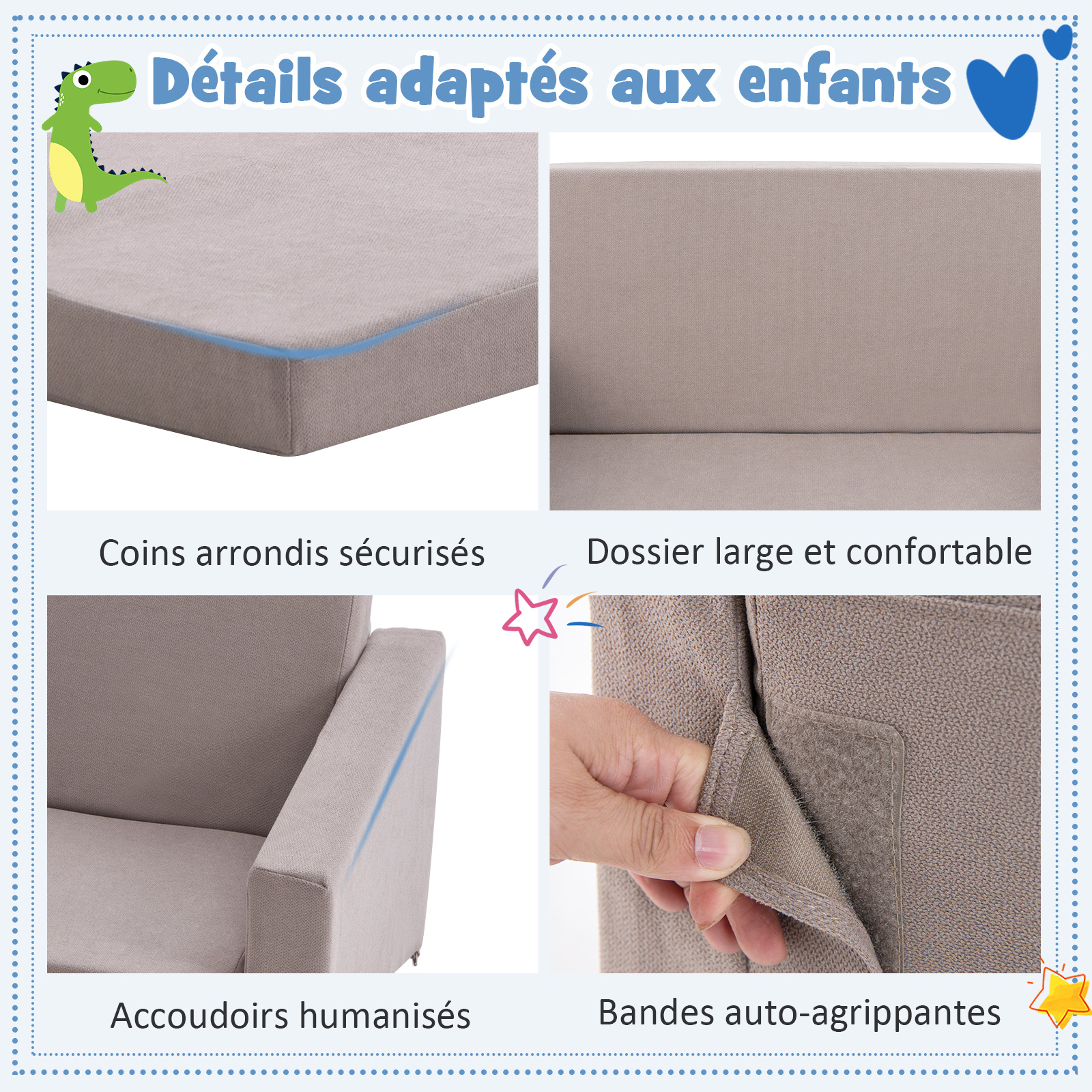 2 en 1 Canapé-lit Enfant en Flanelle Textile avec Conception Ergonomique & Dossier Large, Fauteuil Enfants Convertible avec Housse Amovible & Lavable, Charge 50kg pour 18-36 Mois