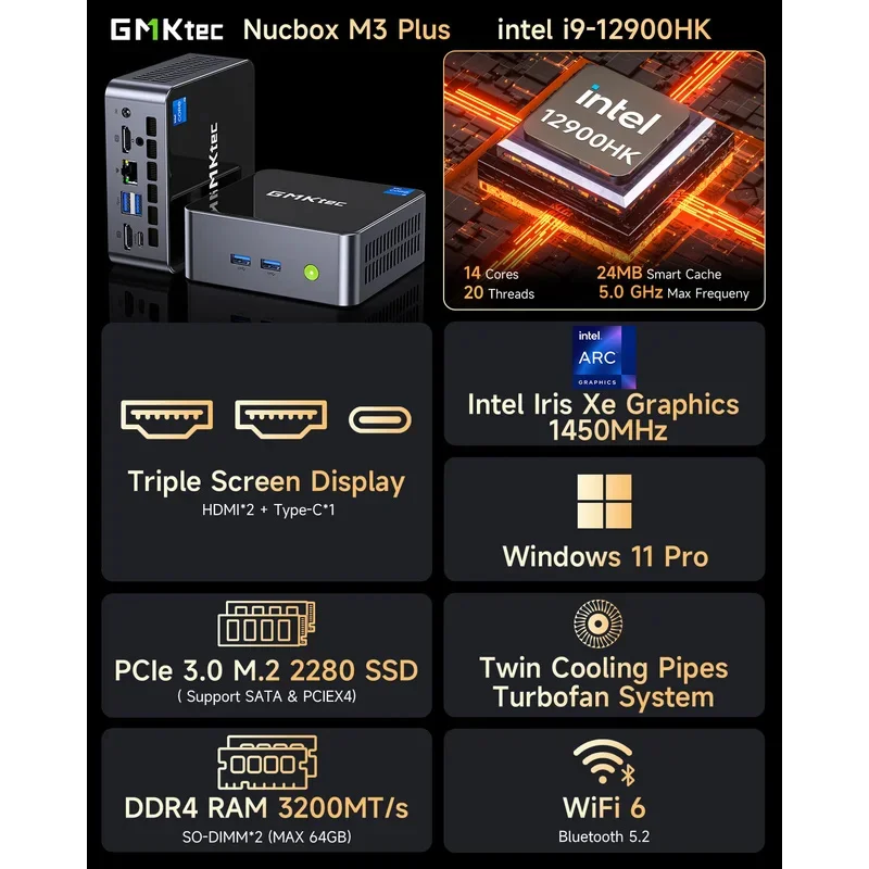GMKtec M3 Plus Мини-ПК Игровой компьютер Core I9-12900HK Mini Host DDR4 SSD Win 11 Pro Настольный ПК Компьютер