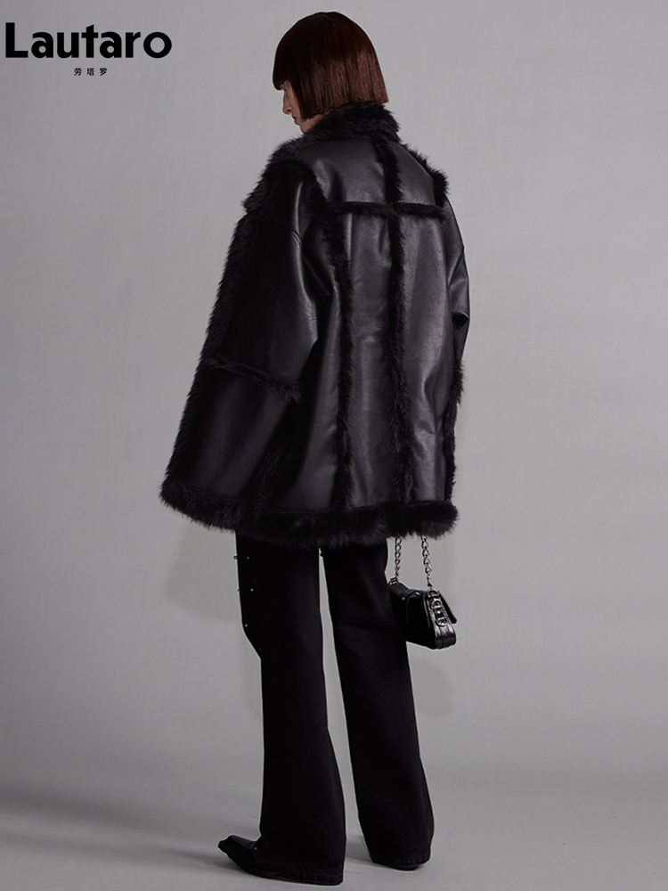 Lautaro 秋冬クールルーズ黒厚く暖かいソフト毛深いフェイクシープスキンコート女性の高級デザイナー服ふわふわジャケット