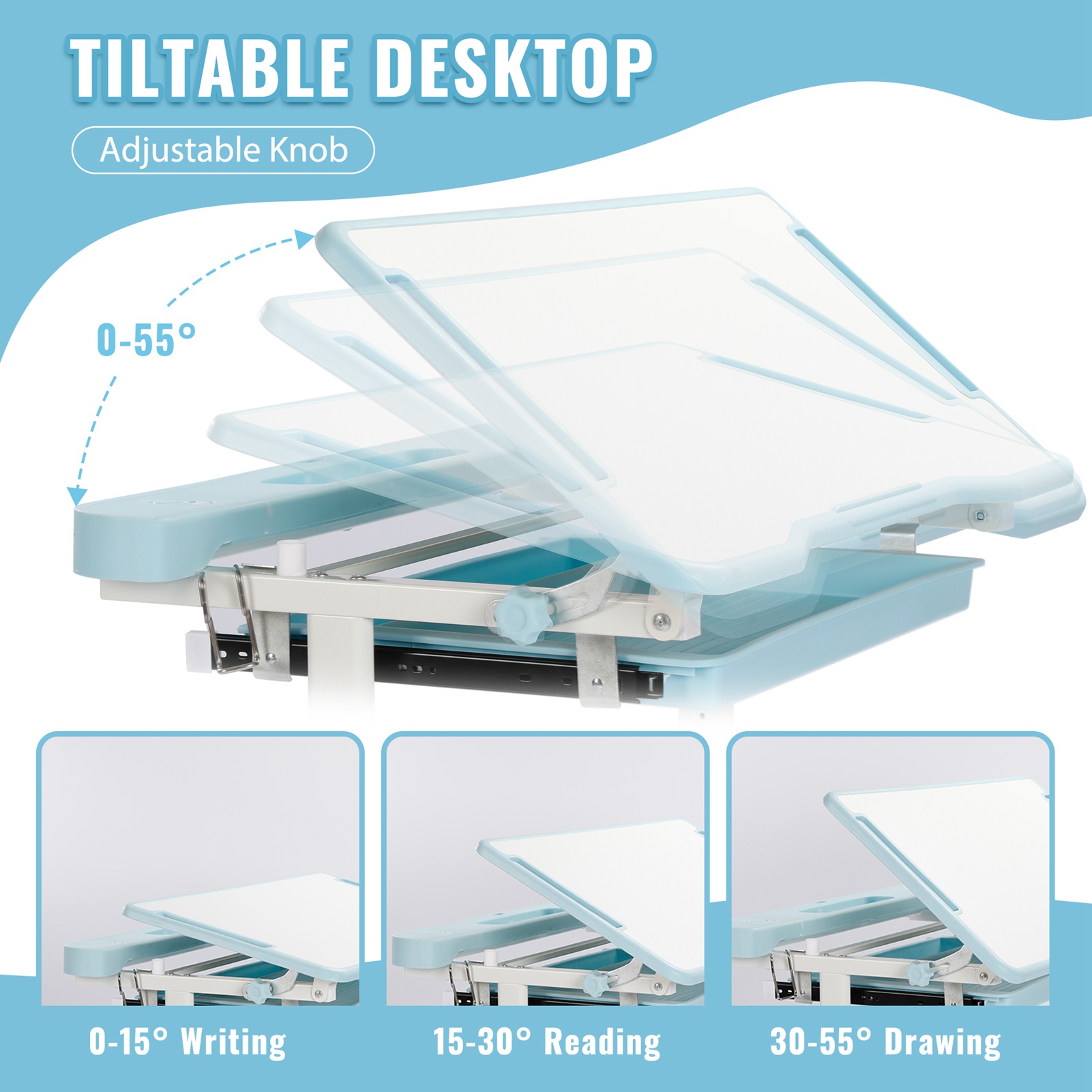 Conjunto de mesa e cadeira para crianças, mesa e cadeira de estudo escolar com altura ajustável com 55 °   Desktop inclinável, 3 modos e 3 lâmpadas LED de brilho,