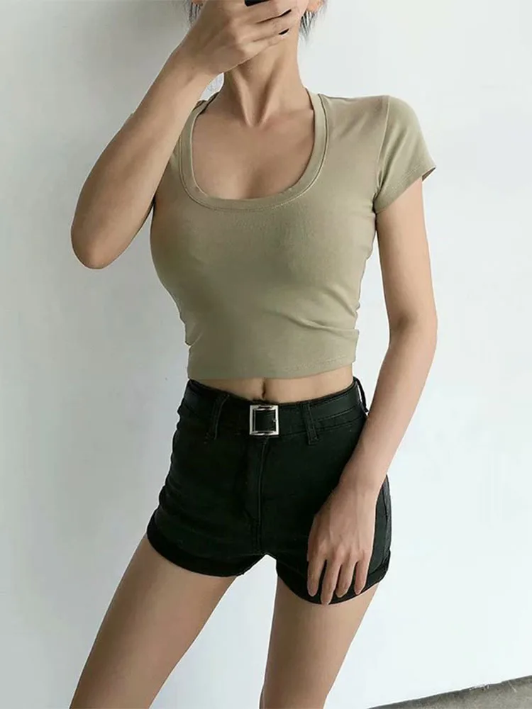 U-คอCrop Topสีทึบผู้หญิงสบายๆเอวสูงTเสื้อBasicเซ็กซี่Streetwearแขนสั้นSlimming