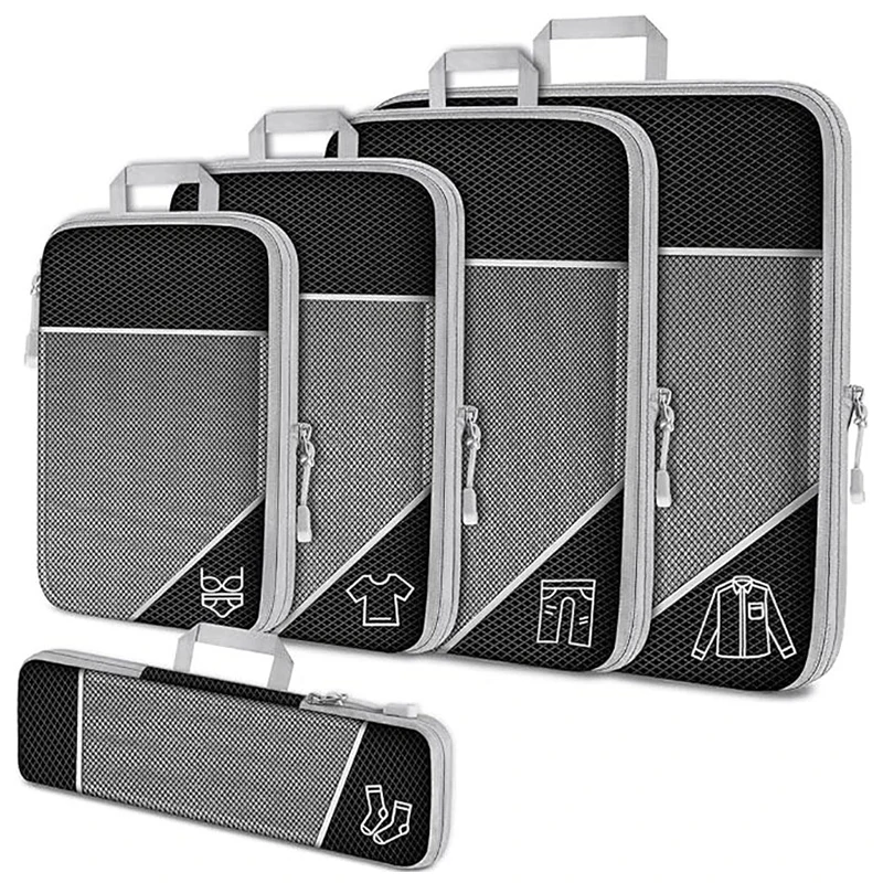 Conjunto de bolsa organizadora de viagem, 5 peças, cubos de compressão de roupas para avião, sacos de armazenamento essenciais para viagem, mala, cubos de embalagem de malha