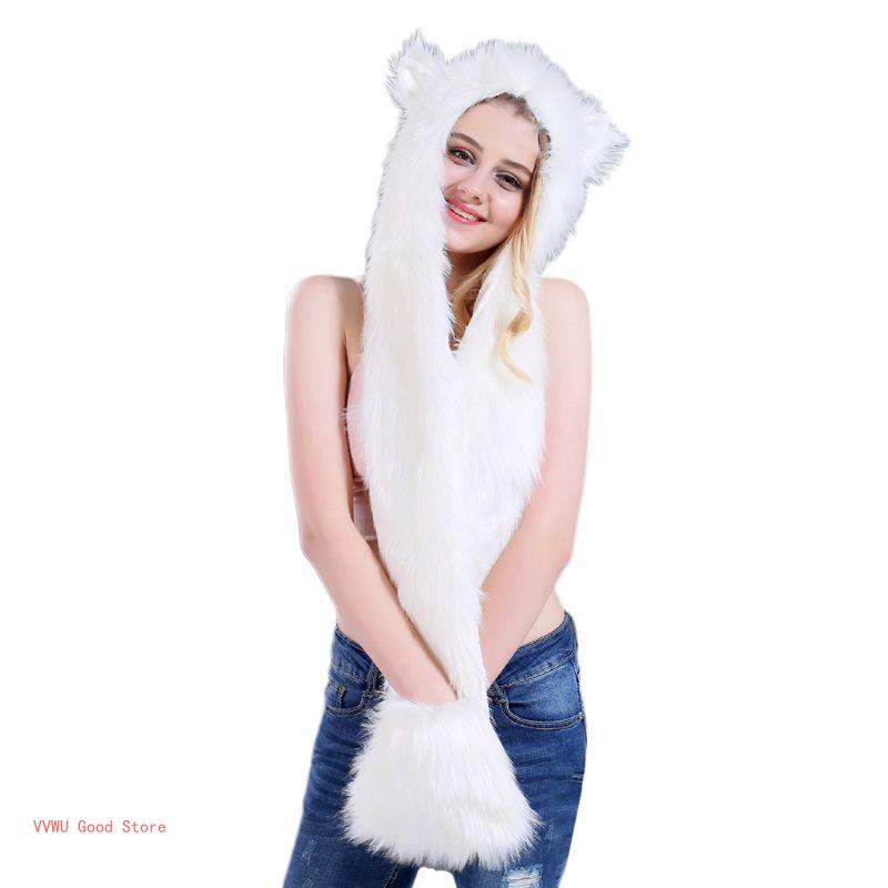 Winter-Kunstfell-Plüsch-Kapuzenmütze, Schal und Handschuhe, Fäustlinge, 3-in-1-Langschal mit Kapuze