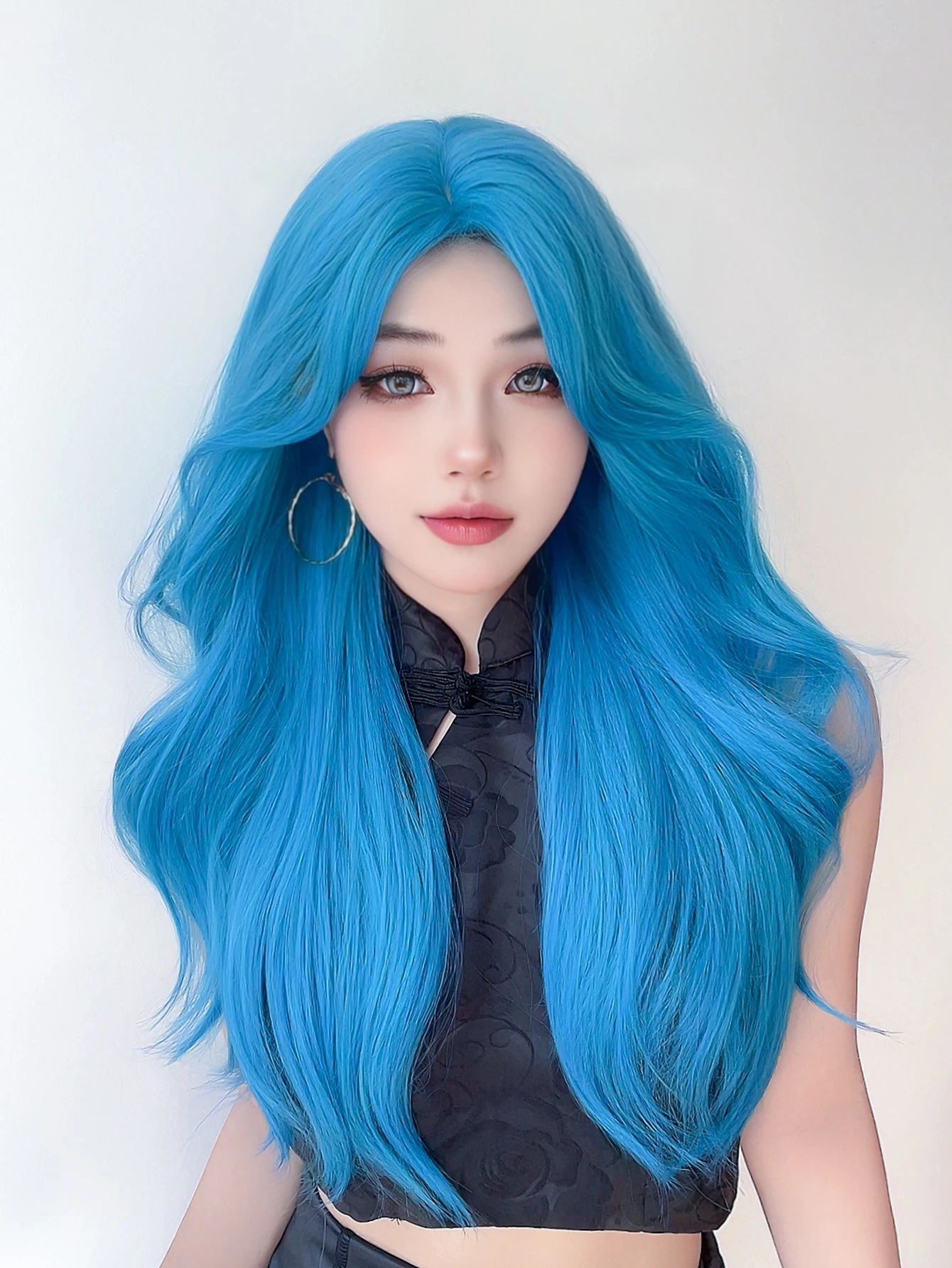 Perucas sintéticas com parte média para mulheres, cabelo ondulado natural longo, peruca resistente ao calor, drag queen party, cor azul, mar de 26in