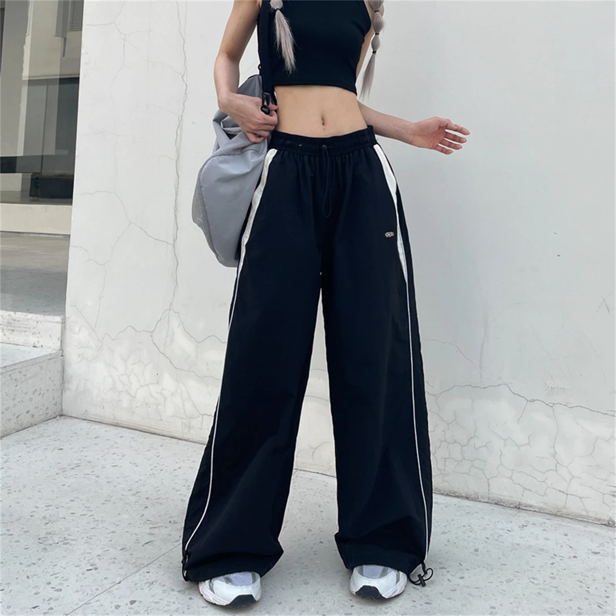 Plus Größe Retro Baggy Hose Für Frauen Patchwork Elastische Hohe Taille Y2K Mode Jogger Hosen Dame Casual Streetwear Chic Hosen