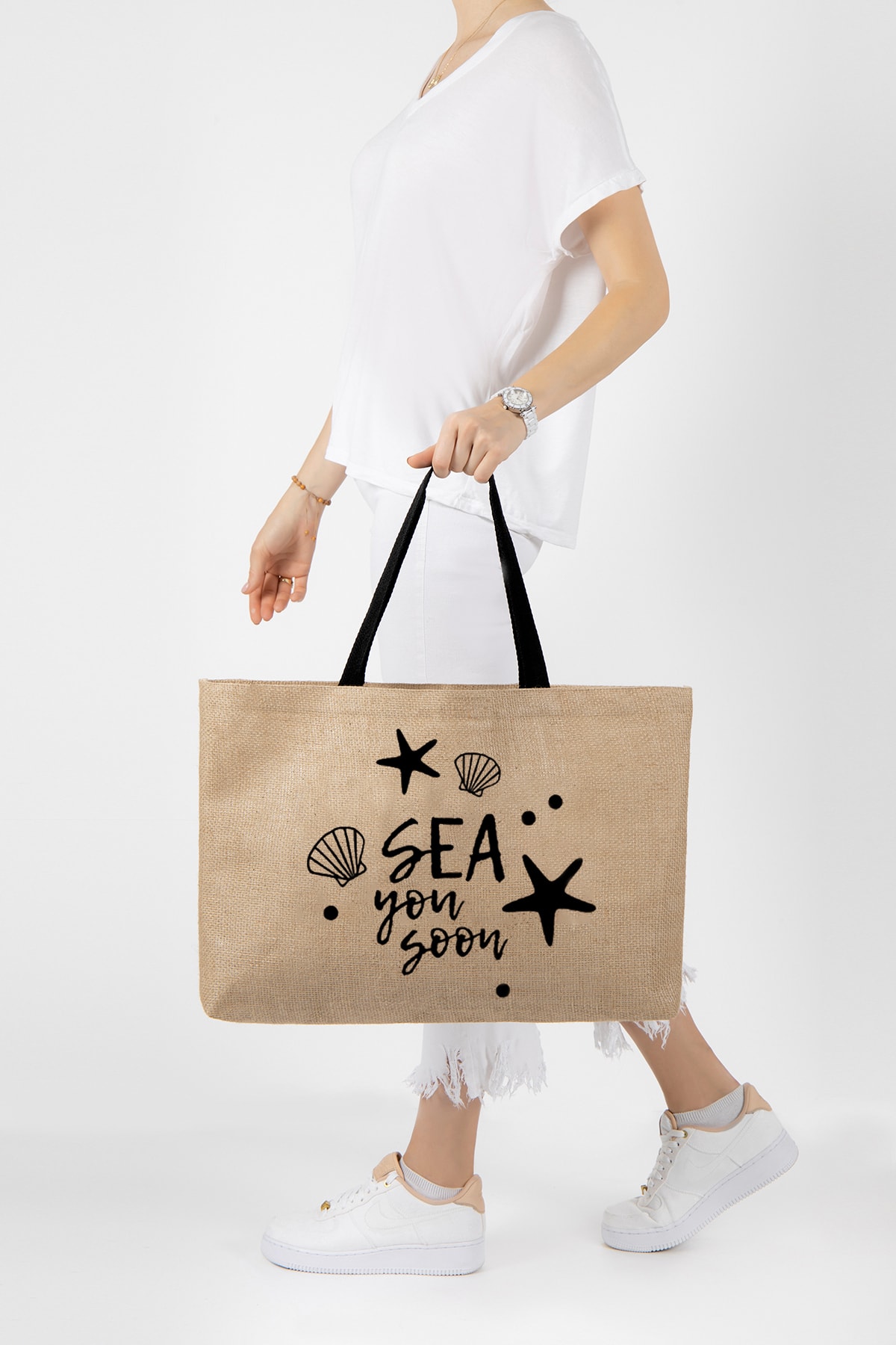 Sea You Soon printed jute bag