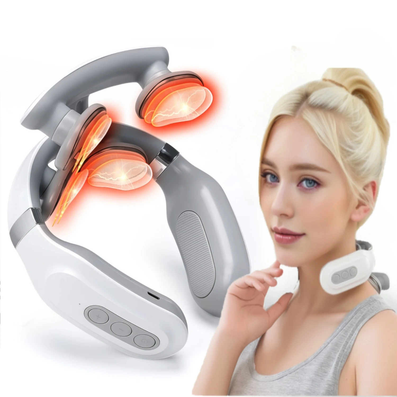Massageador inteligente de pescoço e ombro-4 almofadas massageadoras, 6 modos e 16 níveis, presente de carregamento USB sem fio portátil para homens e mulheres