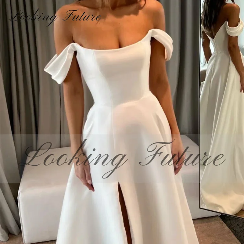 Aangepaste elegante satijnen zeemeermin trouwjurken 2025, strapless off-shoulder zijsplit bruid gewaad knop vestidos de novia