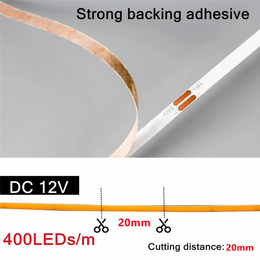 3mm Ultra Thin 12V Colorful COB LED Strip Dimmable 3000K 4000K 6000K High Density Flexible Light 400LEDs For DIY Home Decor Lamp