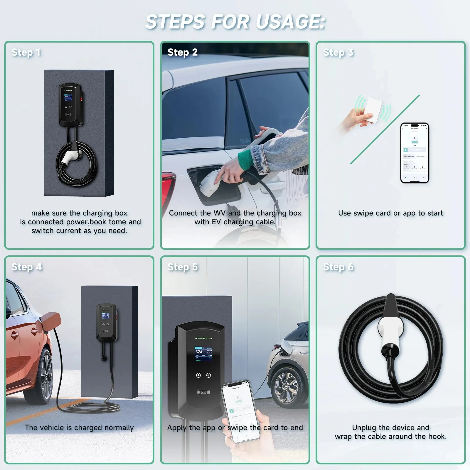 AFEEV 7.6KW/11KW/22KW EV Estación de carga EEC Plug Type2 IEC62196-2 32A Cargador montado en la pared trifásico WiFi Bluetooth Control de aplicación