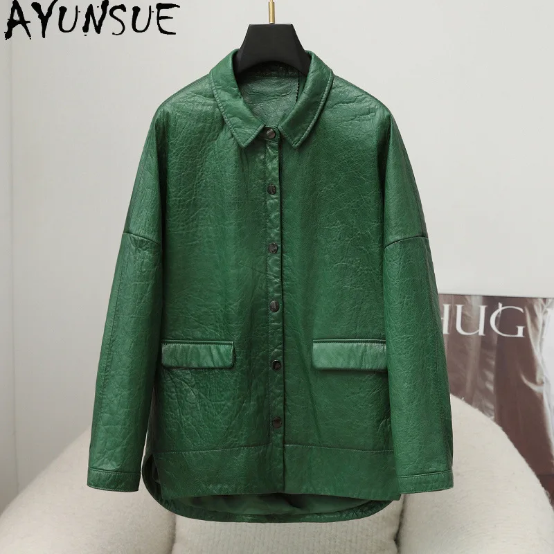 Ayuntsue แจ็กเก็ตหนังแกะเคลือบแว็กซ์น้ำมันแท้สำหรับผู้หญิงแจ็กเก็ตสีเขียววินเทจแฟชั่นฤดูใบไม้ร่วงเสื้อผ้า2024