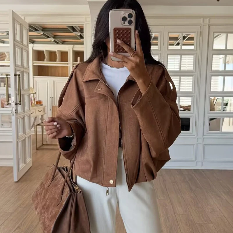 TFMLN Otoño Invierno mujer chaqueta de gamuza abrigo 2025 nueva moda de manga larga con cremallera abrigo Bomber suelto Chic señora Casual ropa de calle