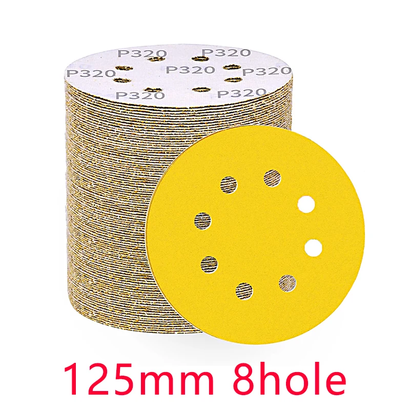 125mm 5 Inch 8 Holes Yellow Sandpaper, Sanding for Discs Grinder Car Woodworking Metal Grinding Disc Abrasive Polishing Tool