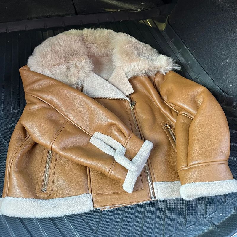 Casaco de pele curta para motocicleta, jaqueta de lã espessada, top 100% real, novo estilo