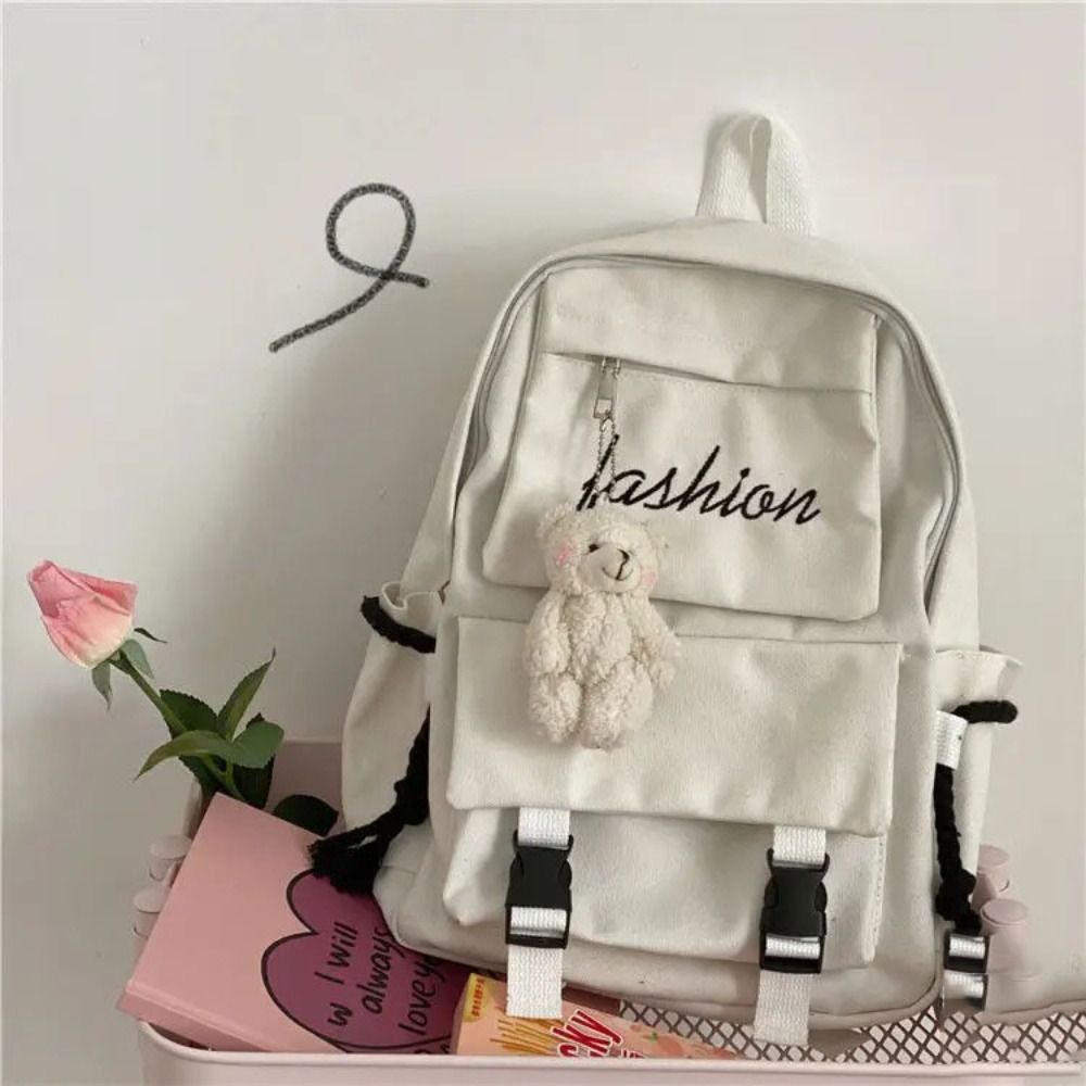 Women's Korean Version Canvas Schoolbag Men's Casual Solid Color Backpack Travel School Shoulder Bag
