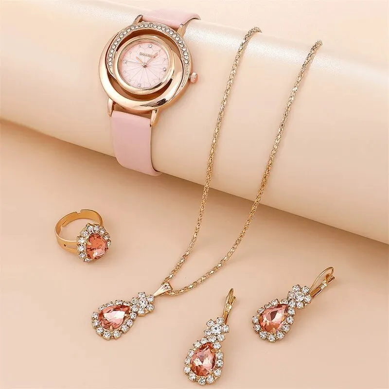 Juego de 5 piezas de reloj de lujo para mujer, anillo, collar, pendientes, diamantes de imitación, reloj de pulsera informal para mujer