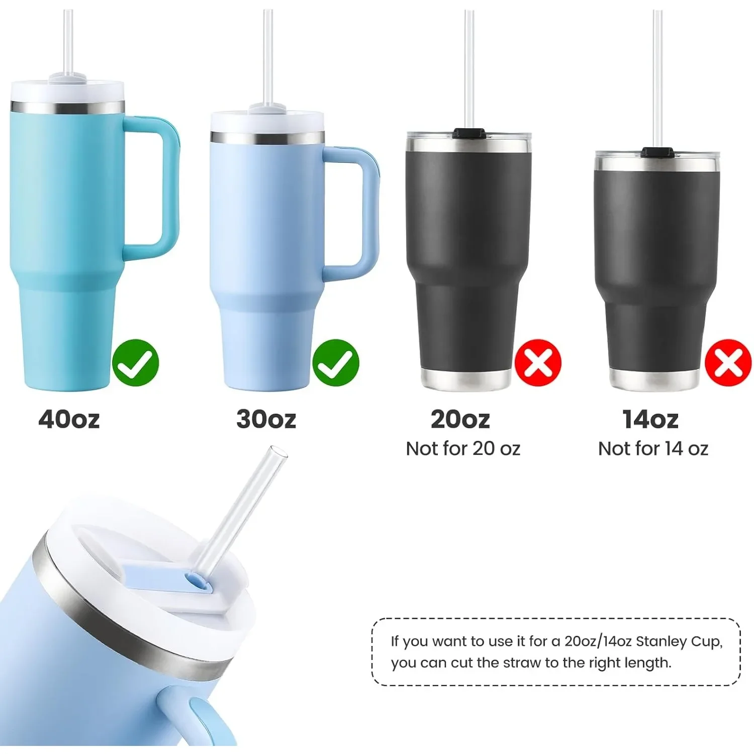スタンレー 40 オンス 30 オンス カップ タンブラー用交換用ストロー 12 パック、透明な再利用可能なプラスチック ストロー、ストロー ブラシ 2 本、スタンレー カップ用