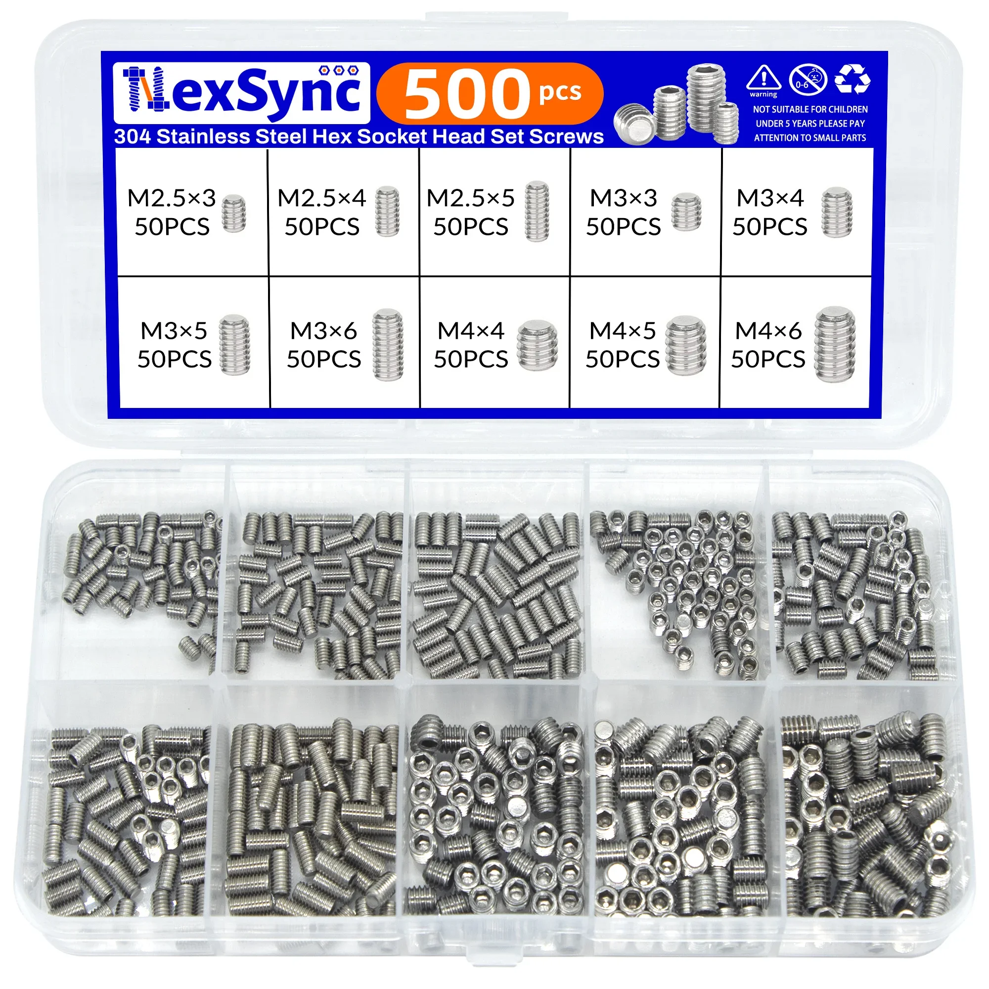 500 Uds M2.5 M3 M4 DIN913 304 Acero inoxidable negro Hexágono Socket Allen punta plana juego de tornillos caja