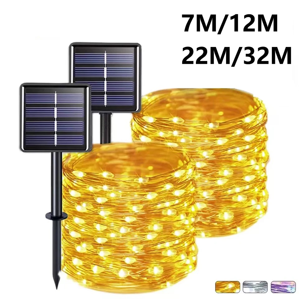 Outdoor Solar Fairy LED Lights, Copper Wire, Xmas Lights, Decoração de jardim impermeável, 8 modos, 7m, 12m, 22m, 32m