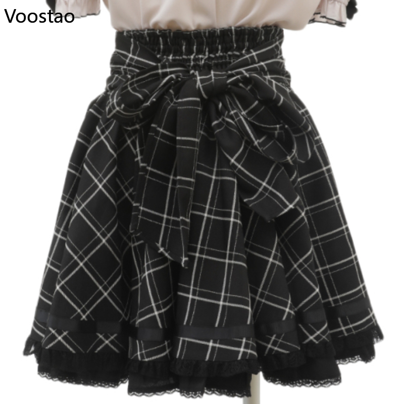 Gotische Lolita Lint Dubbele Strik Hoge Taille Rok Vrouwen Zoete Parel Gesp Kanten Geplooide Rok Japanse Schattige A-Lijn Mini Rokken