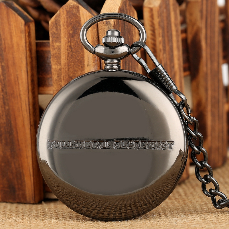 빈티지 블랙 풀 메탈 연금술사 석영 주머니 시계 Steampunk 인기 에드워드 엘릭 목걸이 체인 팬 코스프레 애니메이션 시계