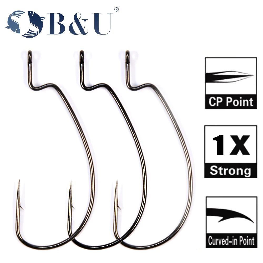 Gancho de gusano EWG de alambre fino B & U con anillos grandes, anzuelos de manivela de acero al carbono, accesorios de pesca para aparejos de señuelo suave, 12 Uds.