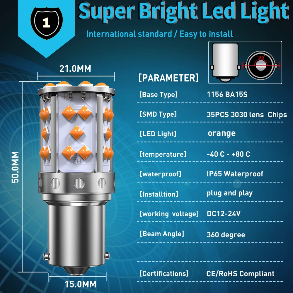 Un paquete 1156 P21W ba15s Bau15s PY21W 7507 LED Canbus No Hyper Flash bombilla de luz intermitente resistencia incorporada sin errores naranja
