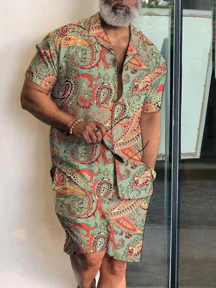 ชายเสื้อชุดผู้ชาย 3D แฟชั่นเสื้อ + กางเกงขาสั้น 2 ชิ้นชุดเสื้อฮาวายยุโรปหรูหราเสื้อชุดชายหาดชุดชาย