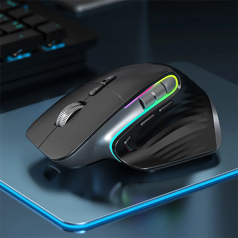JOMAA-Mouse Preto Sem Fio, 2.4G, Bluetooth, RGB, Recarregável, Design Ergonômico, Computador, Jogos, Escritório