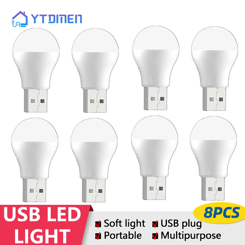 8 pezzi Lampada con presa USB Computer Alimentazione mobile Ricarica Lampade per piccoli libri Protezione per gli occhi a LED Luce da lettura Luce rotonda Luce notturna