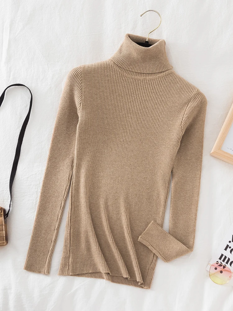 Moda coreana cuello alto mujer Otoño Invierno suéter básico sólido Casual ajustado elástico acanalado tejido Top mujer suéteres