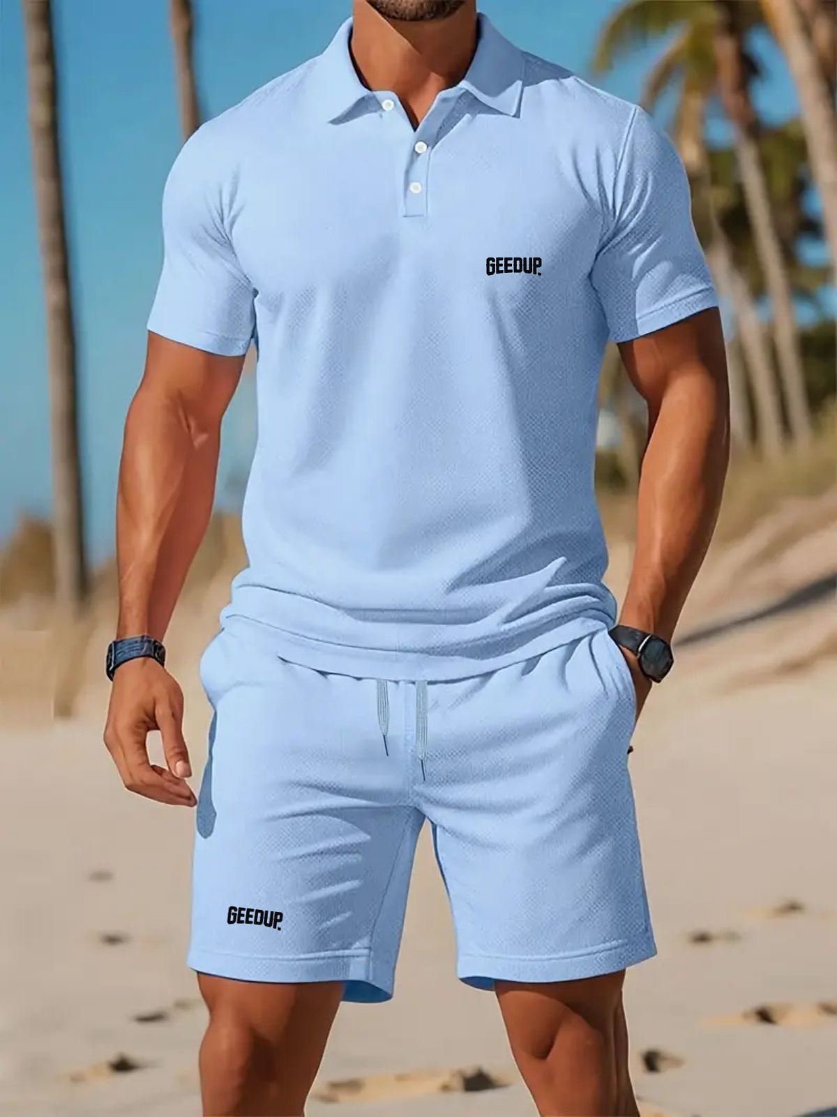 2025 hommes nouvel été maille revers manches courtes et Shorts ensemble décontracté couleur unie ample plage sport respirant ensemble